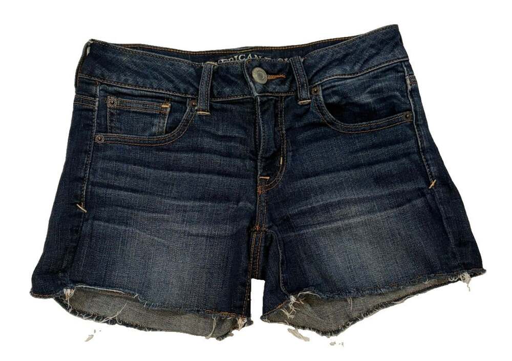 American Eagle Denim Shorts Women’s Size 2 Blue Dark Wash Super Stretch Cutoff